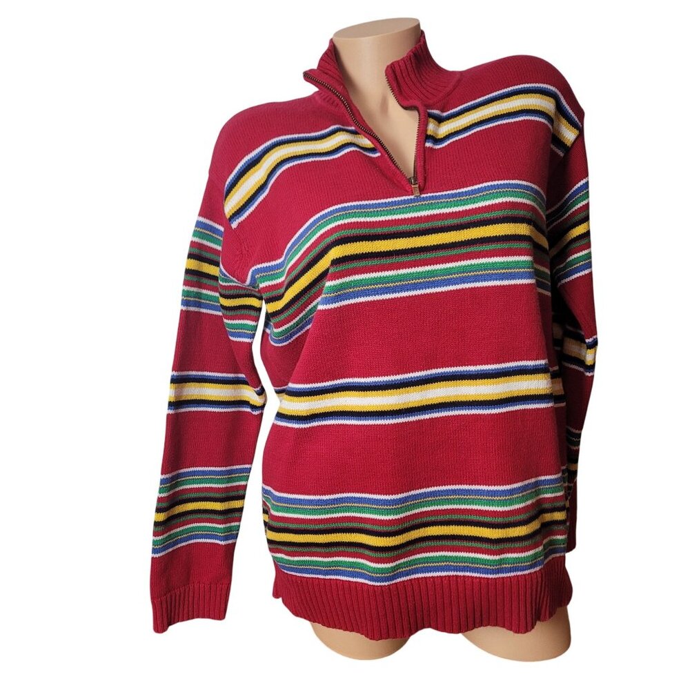 Lauren Ralph Lauren Red Stripe Half-Zip Cotton Pullover Sweater Women's Size M-L - Picture 7 of 9